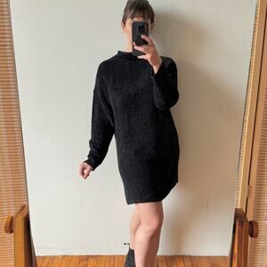 EILEEN FISHER Dark Green/Black Mock-neck Chenille Sweater Dress